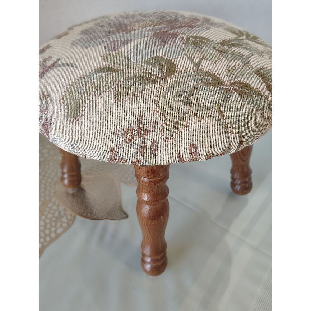 Floral Cream Upholstered Wooden Accent Stool